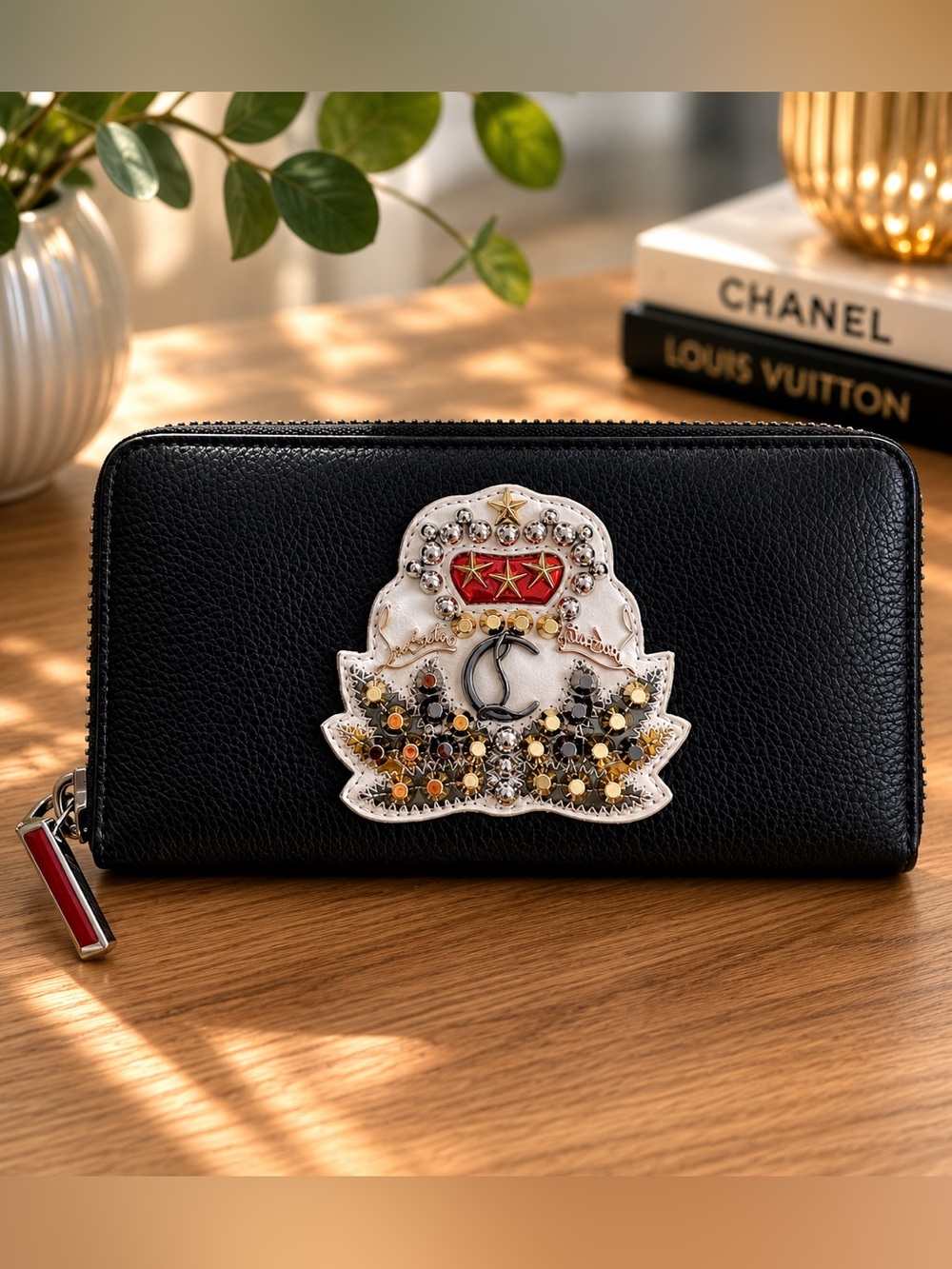 Christian Louboutin Black Zip Wallet with Embellished Crest Patch